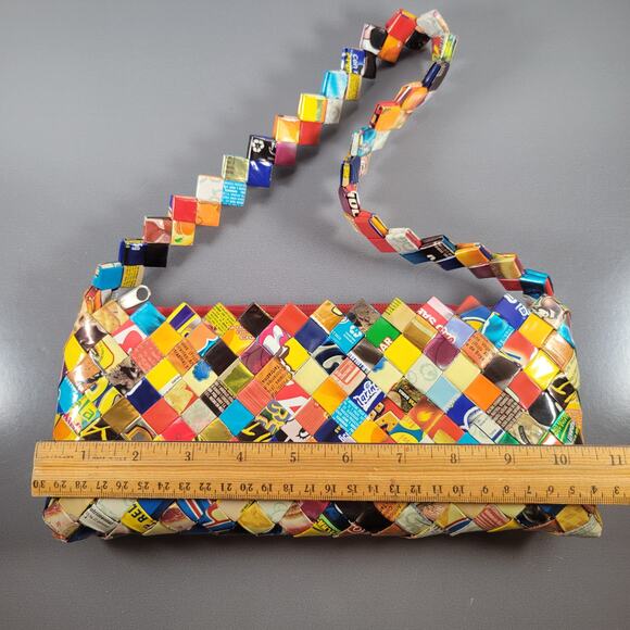 Handmade Recycled Wrapper Woven Shoulder Bag Colorful Eco-Friendly Purse New - Picture 7 of 15